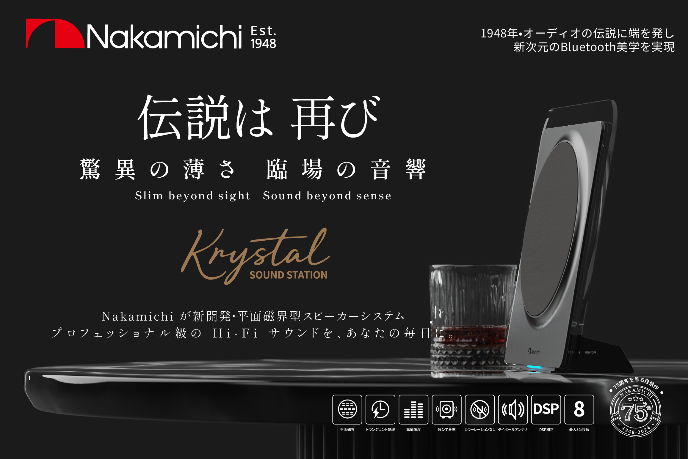 薄く、美しく。まるで“目の前”で聴こえる音 新世代Nakamichi 平面磁界型スピーカーシステム 【Krystal Sound STATION】